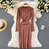 Autumn Winter Elegant Crew Neck Long Sleeve Ribbed Knitted Dress Solid Sexy Bodycon Midi Dress