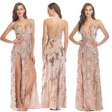 Sexy Sleeveless Cocktail Dress High Split Robe De Soriee Spaghetti Strap Sequins Embroider Formal Dress V-Neck Party Gown