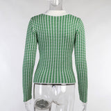 Green French Retro Y2K Knit Top Button Up Houndstooth Pullovers Jumper Winter Clothes Women Long Sleeve Vintage Sweater