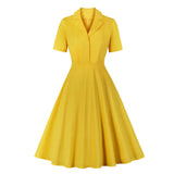 2021 Notched Collar Yellow Vintage Style Women 50s Retro Cotton Dresses Fabric Summer Short Sleeve A Line Solid Rockabilly Dress