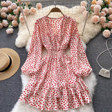 Print Casual Spring Autumn V Neck Long Sleeve Dress Elastic Waist Ruffle Hem Mini Dress