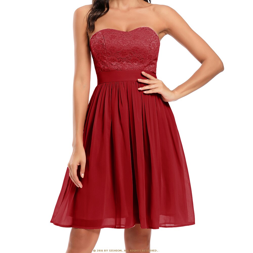 Lace Chiffon Party Dress Red Pink Short Midi Strapless Sexy A Line Formal Jurk New Year Christmas Women Ladies Vestidos