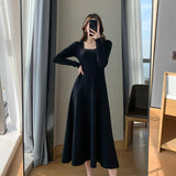 Autumn Winter Women Knitting Maxi Dresses Black Hepburn Long Sleeve Elegant Vestido Square Collar Casual Loose Dress