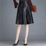 Women Faux Leather High Waist A-Line Pleated Casual Summer Elegant Long Black Skirts