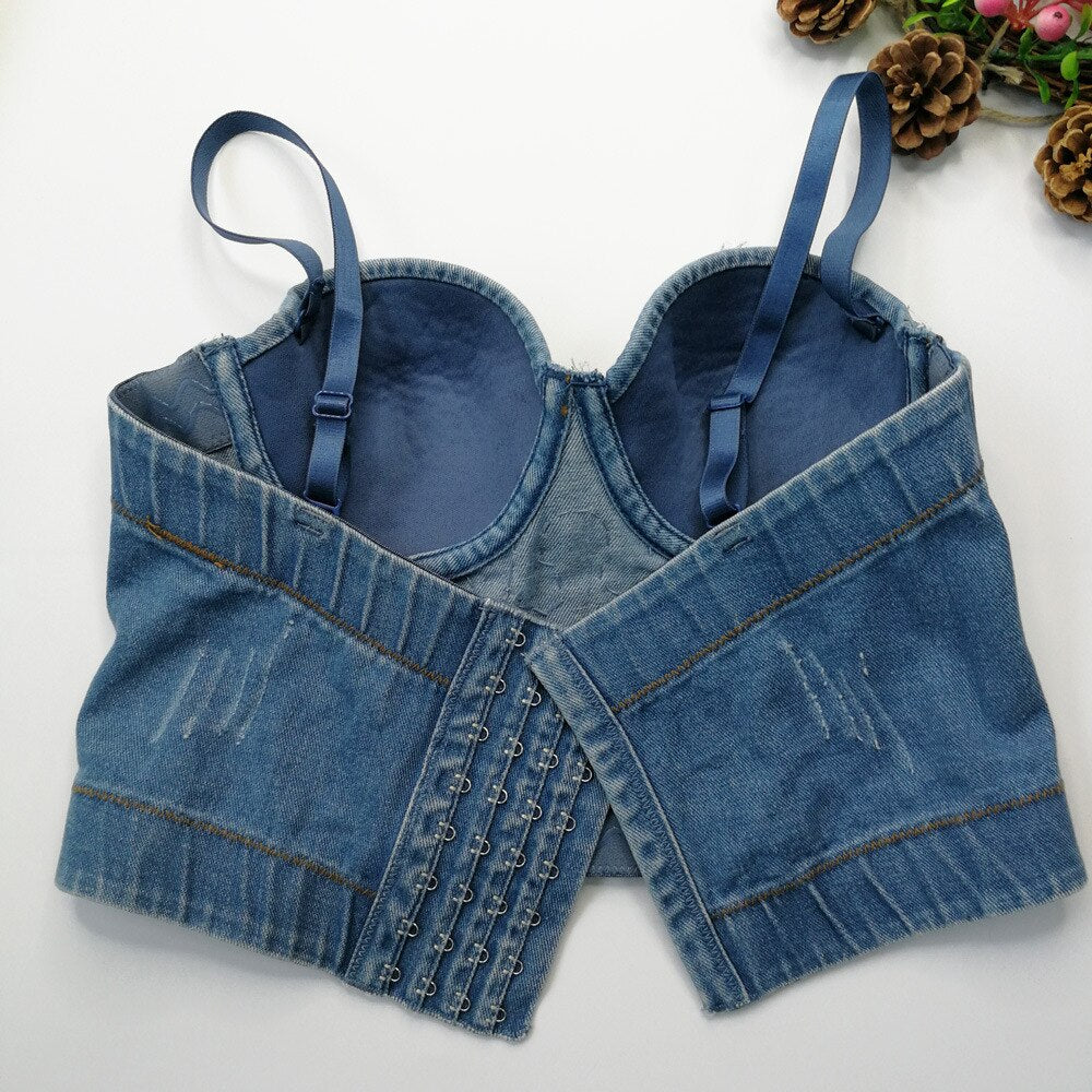 Winter Denim Sexy Sequins Beaded Embroidery Corset Party Women Camis Built In Bra Crop Top Push Up Breast
