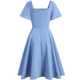 Elegant Blue Tunic Midi Summer Women Dress Office A Line Sundress Casual Elegant Retro Vintage 50s 60s Rockabilly Party Dresses