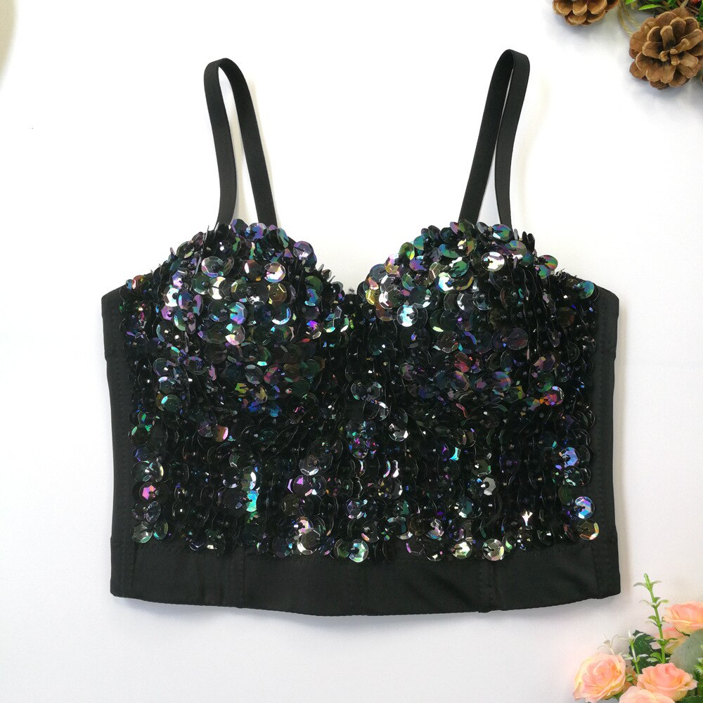Sexy Beads Sequins Women Crop Tops Camis Cropped in Bra Party Spaghetti Strap Corset With Cups Push Up Bustier