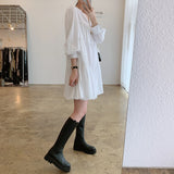 Spring Autumn Long Sleeve Dress Black White Elegant Gathered Tiered Mini V Neck Loose Casual Dress