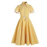 2021 Hepburn Style Shirt Summer Women Dress With Belt Vintage England Plaid Yellow Floral Short Sleeve Swing Pin Up Sundress