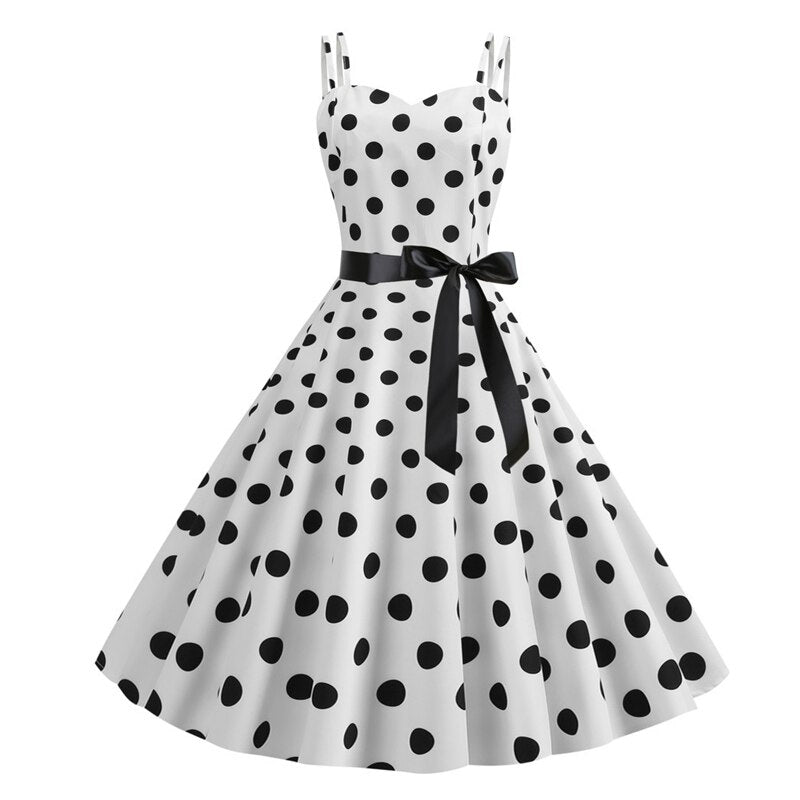 Pinup 50S Vintage Spaghetti Strap Polka Dot Summer Dress with Belt Women Fit and Flare Casual Swing Dresses