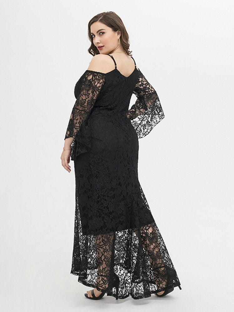 Plus Size Lace Women Black Party Dress pagoda sleeve Mermaid Formal Robes Off The Shoulder Vestidoes