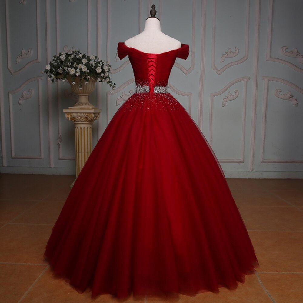 Off Shoulder Ball Beaded Evening Dress Party Elegant Short Sleeve Floor Length Vintage Tulle Prom Gowns