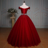Off Shoulder Ball Beaded Evening Dress Party Elegant Short Sleeve Floor Length Vintage Tulle Prom Gowns
