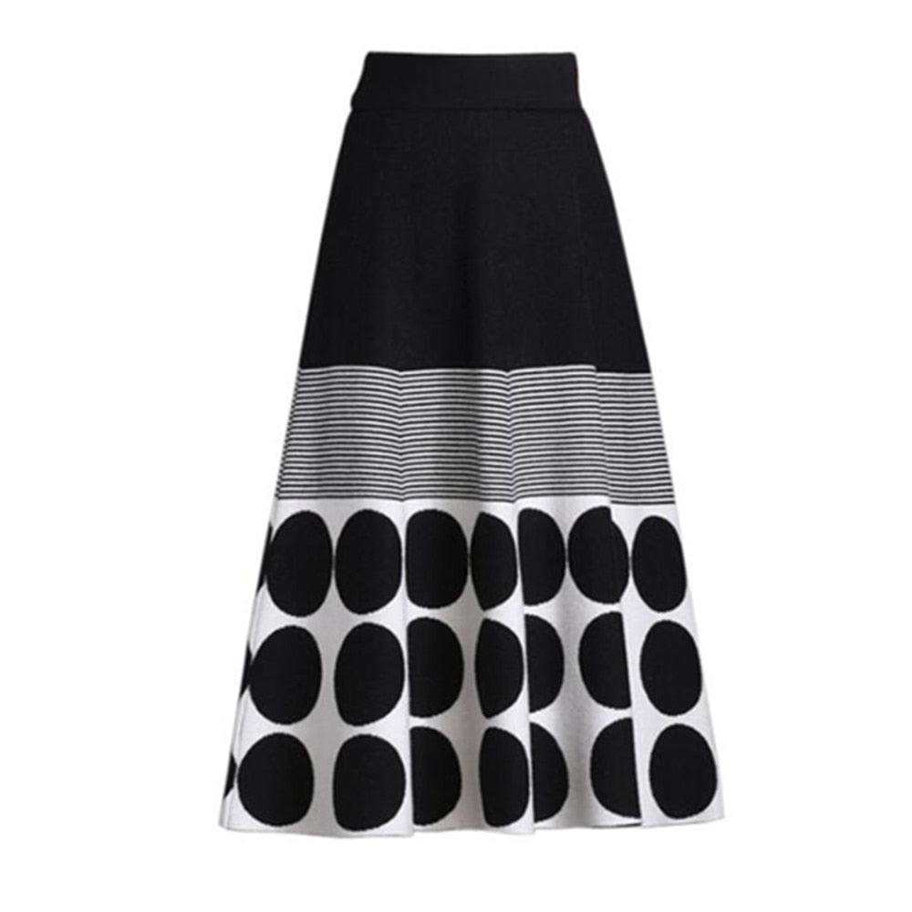 Vintage Striped Polka Dot Knitted Women Autumn Winter Korean Streetwear High Waist Ladies Long A Line Skirt