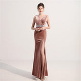 Pink V-neck Sleeveless Sexy High Split Velour Bead Embroidery Formal Occasion Dress Party Prom Gown