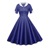 2021 Button Front Polka Dot Vintage High Waist Runway Midi Tunic Dress Women V Neck Short Sleeve Casual Retro Swing Dresses