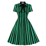 Black Striped Short Sleeve Cotton Bow Tie Button Up Robe Pin Up Swing Retro Vintage Dress