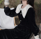Black Vintage Velvet Dress Women Kawaii One Piece Dress Korean Fashion Long Sleeve Elegant Midi Dress Bow Design 2021 Winter
