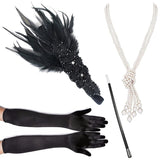 4 Pcs/Set 1920s Great Gatsby Party Costume Accessories Set Flapper Feather Headband Pearl Necklace Gloves Cigarette Holder