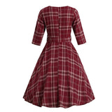 Burgundy Plaid V-Neck High Waist Pinup Vintage Autumn Three Quarter Sleeve A-Line Party Women Dress with Belt