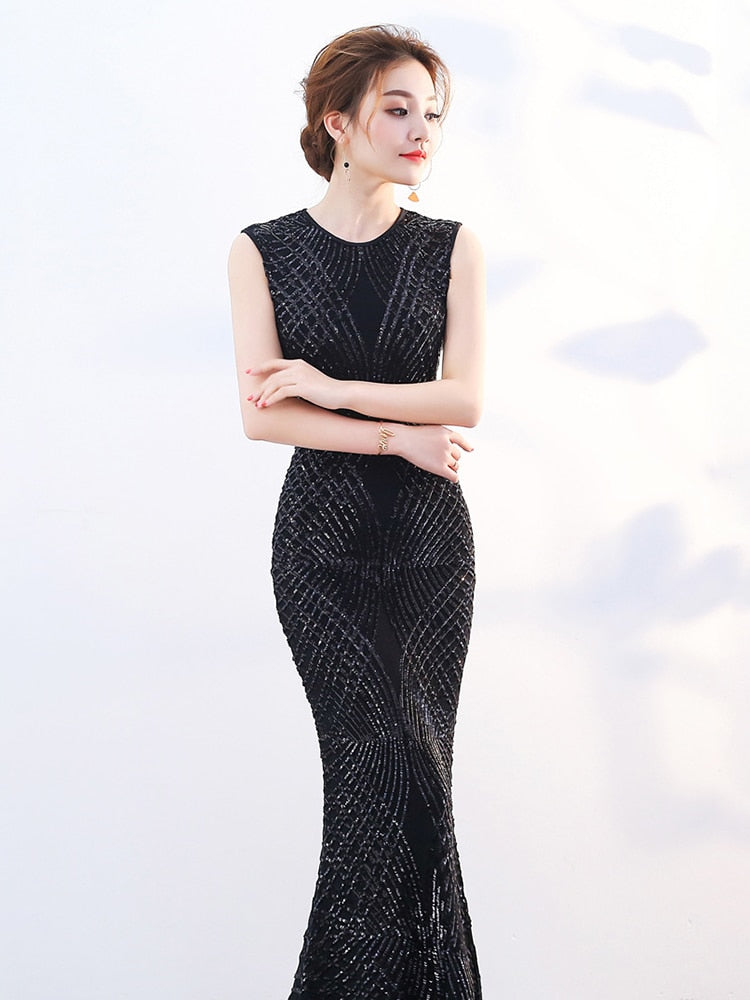 Formal Mermaid O Neck Sleeveless Long Party Gowns Elegant Red Gold Black New Sequins Dress