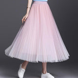 Summer Gradient Pattern A-line Pleated Long Women Tulle Skirt Streetwear Elegant Elastic Waist Midi Skirt