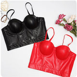 PU Leather Women Sleeveless Short Sexy Black Camis Tops With Built In Bra Push Up Bralette