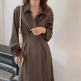 Turn-Down Collar Office Wrap Shirt Dress Autumn Long Sleeve Button Up Vintage Elegant Midi Dress