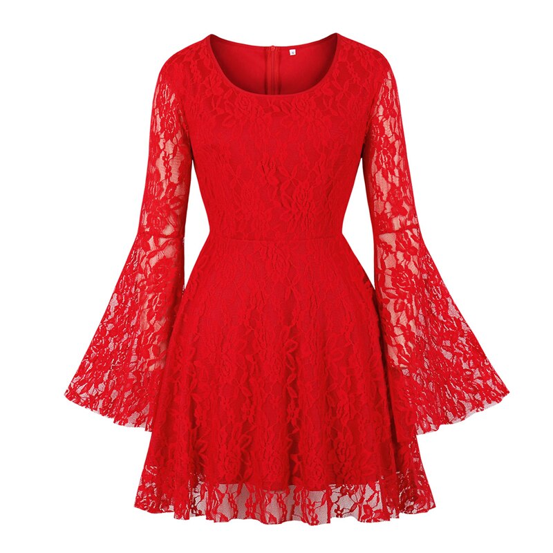 Flare Sleeve Red Elegant Lace A Line Mini Dresses Party Women Autumn O-Neck Slim Solid Dress
