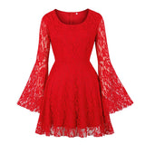 Flare Sleeve Red Elegant Lace A Line Mini Party Women Autumn O-Neck Slim Plus Size Dress