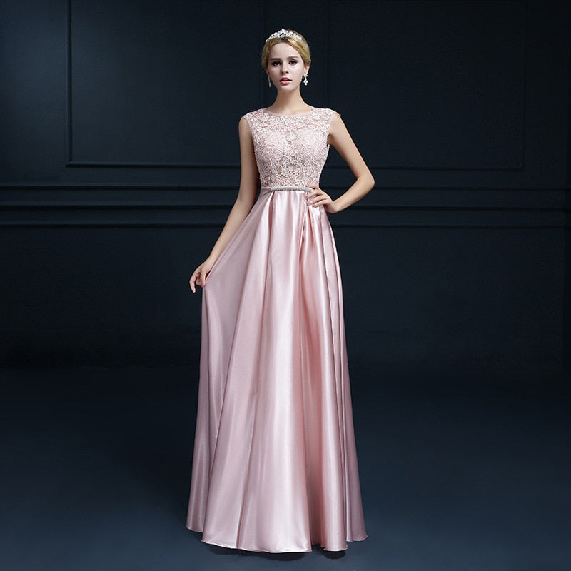 Elegant Evening Dress Long Appliques Lace Banquet Party Stunning Satin Prom Dress