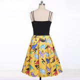 Multicolor Print Spaghetti Strap High Waist Pleated Pin Up Dress