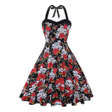 Elegant Summer Casual Rockabilly Retro Dress Women Sexy Halter Skull Flower Polka Dot Printed Vestido De Festa Midi Jurken