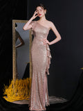 Women Elegant One Shoulder Ruffles Evening Dress Sexy Hight Slit Gold Sequin Party Maxi Dress  Vestidos