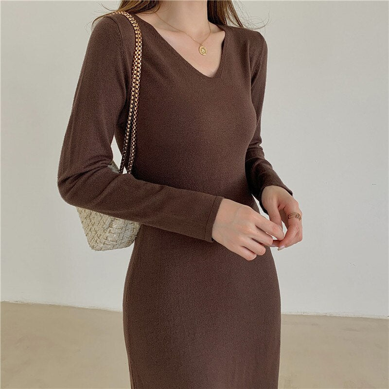 Autumn Winter V Neck Long Sleeve Basic Elegant Sweater Dress Chic Knitted A Line Casual Midi Dress