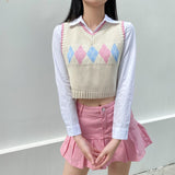 2021 School Y2K Sweaters Plaid Patched Knitwear Sleeveless V Neck Knitted Tank Top Preppy Style Pullovvers Crop Top Autumn Women