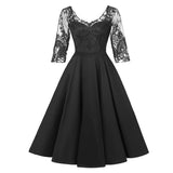 Contrast Lace Half Sleeve Vintage Women Elegant Banquet Party High Waist Backless Midi Sheer Ladies Dress