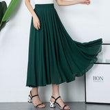 Summer Women Chiffon Vintage High Waist Blue White Long A-Line Solid Pleated Skirts