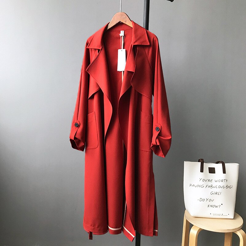 Harajuku Spring Women Long Turn Down Collar Solid Trench Coat Trench Femme Outwear