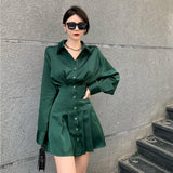 Women Autumn Shirt Elegant Lady High Waist Vintage Pleated Mini Dresses