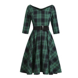 Green Plaid Elegant 1950s Style Vintage Robe V Neck High Waist Dress