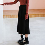 Women Black High Waist Pleated Skirts Korean Simple Style All-match Ladies A-line Long Skirt