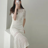 Elegant Hollow Out Women Knit Short Sleeve High Waist Bandage With Vest Midi Female Fashion Chic Dress