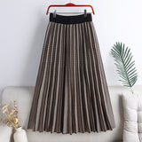 Women Elastic High Waist Winter Pleated Skirts Casual Geometric Knitted Midi Long Skirt