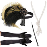 4 Pcs/Set 1920s Great Gatsby Party Costume Accessories Set Flapper Feather Headband Pearl Necklace Gloves Cigarette Holder