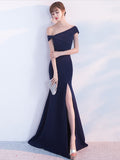 Off-the-shoulder Evening Dress Long Short Sleeve Formal Dress Taffeta High Split Fork Mermaid Prom Gown