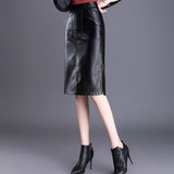 PU Leather Women Office Pencil Elegant Autumn High Waist Black Korean Style Knee Length Leather Skirt