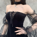 Streetwear Gothic Vintage Lace Up Black Dress Aesthetic Mesh Long Sleeve Mini Sundress Women Harajuku High Waist Party Dress