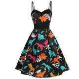 Multicolor Print Spaghetti Strap High Waist Pleated Pin Up Dress