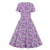 Square Neck Bow Front Floral Vintage Summer Short Sleeve High Waist Robe Elegant Women A Line Swing Dress